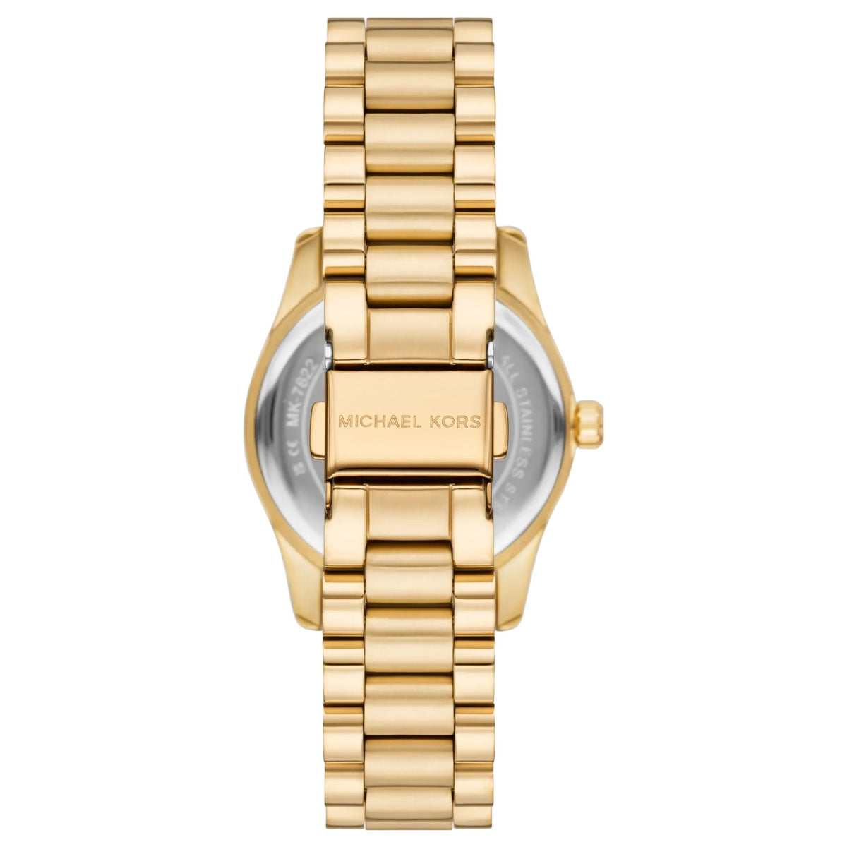 Michael Kors Lexington Pavé 33mm Green Dial MK7622 back view highlighting the gold-tone stainless steel link bracelet and deployment clasp engraved with Michael Kors branding