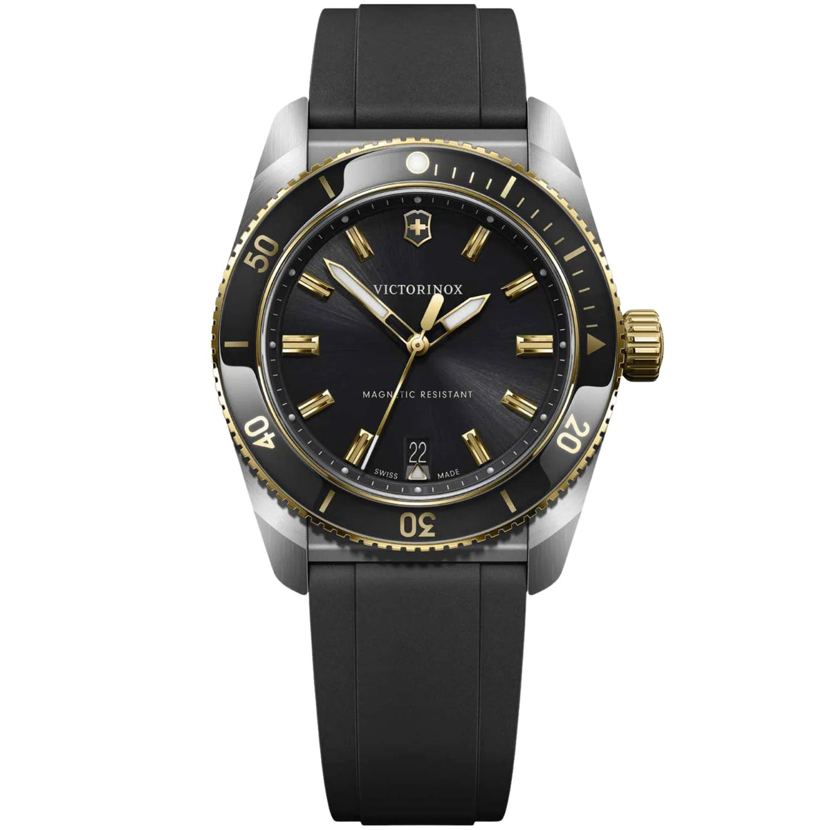 Victorinox Maverick 242099 mens 39mm watch front view featuring a black dial, gold accents, rotating bezel, and black rubber strap