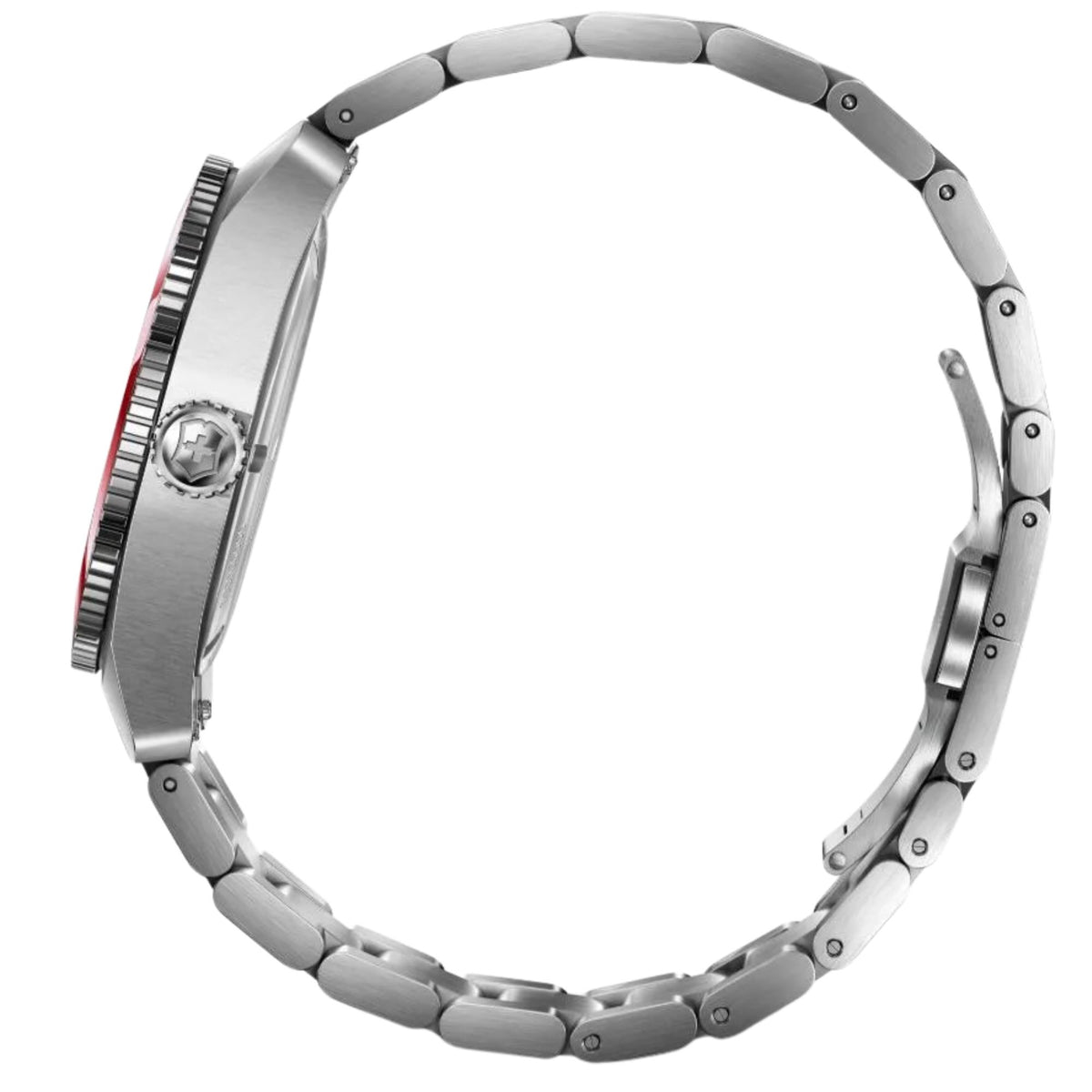 Victorinox Maverick 242098 quartz watch side profile right view displaying textured crown, stainless steel casing, and bracelet deployment clasp
