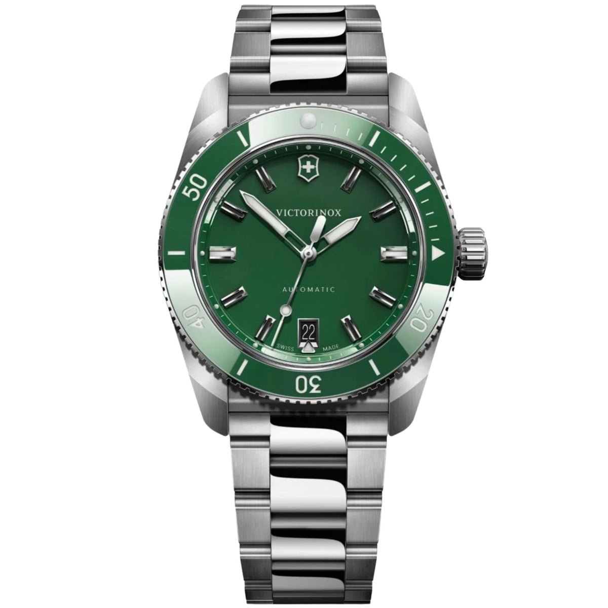 Victorinox Maverick 242107 mens 39mm automatic watch front view featuring a green dial, green rotating bezel, silver baton markers, and steel link bracelet
