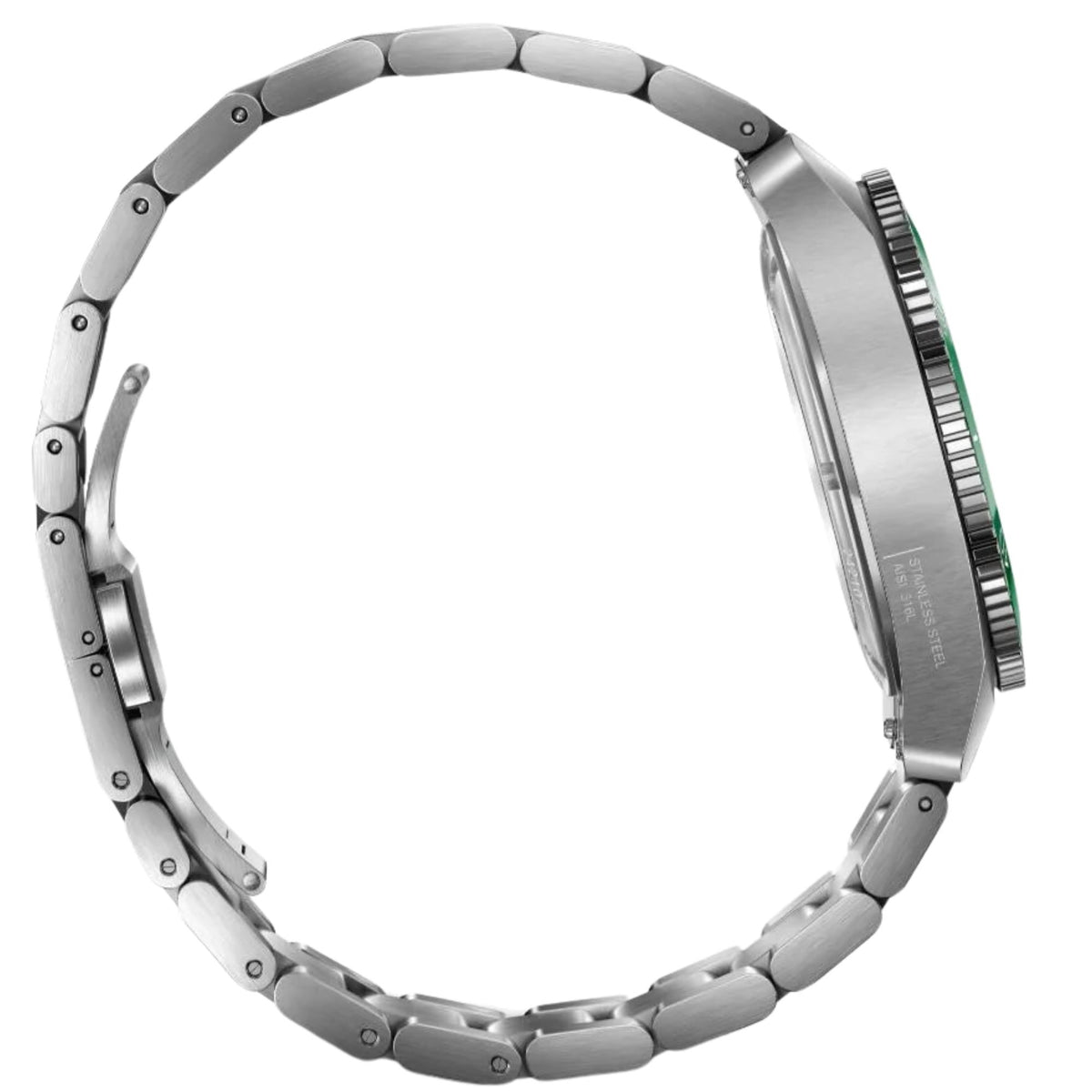 Victorinox Maverick 242107 mens mechanical watch side profile left view showing stainless steel case edge and curved link bracelet