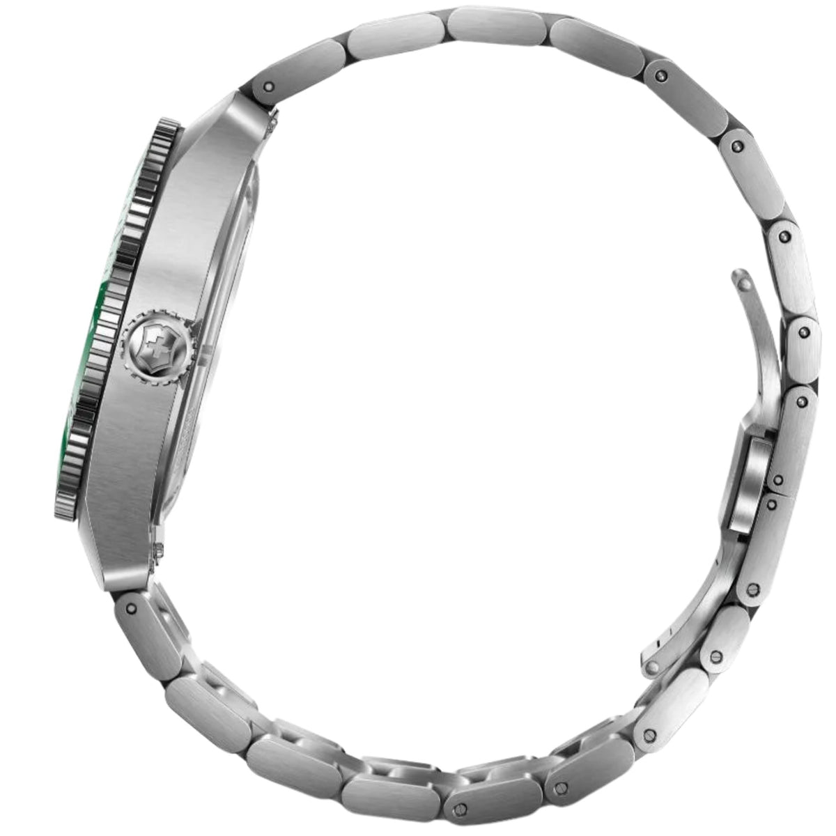 Victorinox Maverick 242107 automatic watch side profile right view displaying cross emblem crown, brushed steel case, and folding link clasp