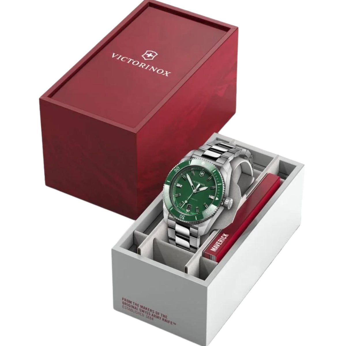 Victorinox Maverick 242107 39mm mens watch unboxed inside presentation packaging with red branded lid, green dial, and instruction booklet