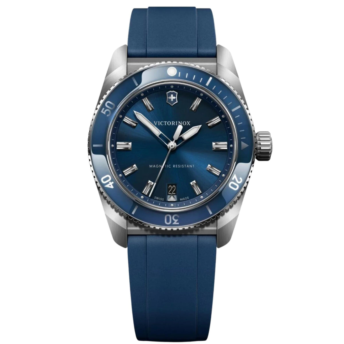 Victorinox Maverick 242094 mens 39mm quartz watch front view featuring a blue dial, blue bezel, silver baton indices, and blue rubber strap