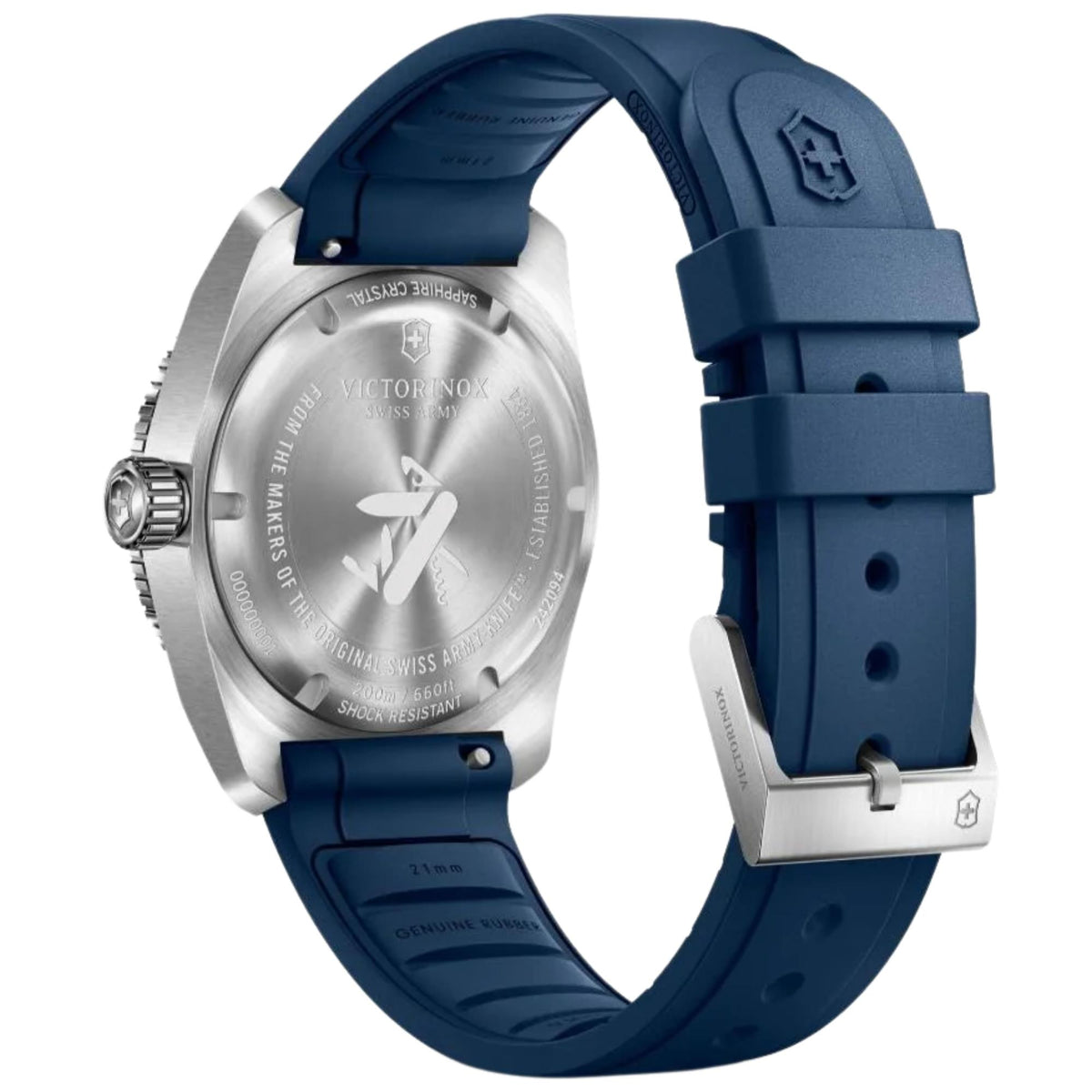 Victorinox Maverick 242094 mens watch back view showing engraved stainless steel caseback, Swiss Army knife emblem, and blue rubber strap buckle