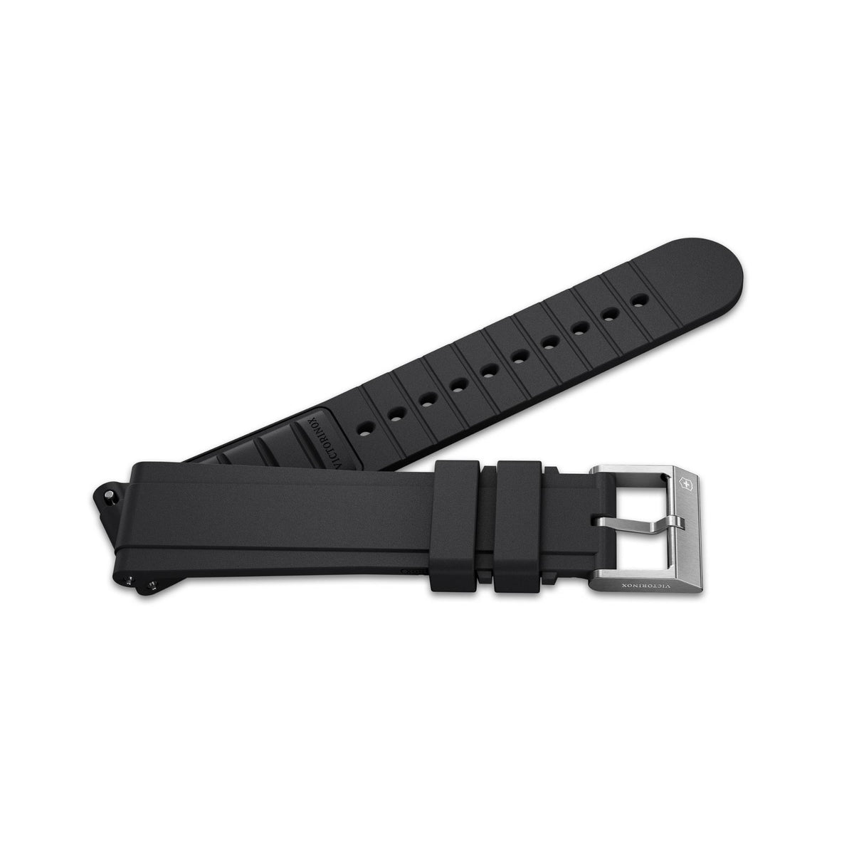 Victorinox Premium V.60107 21mm black replacement rubber strap highlighting ridged underside, adjustment holes, and brushed steel buckle