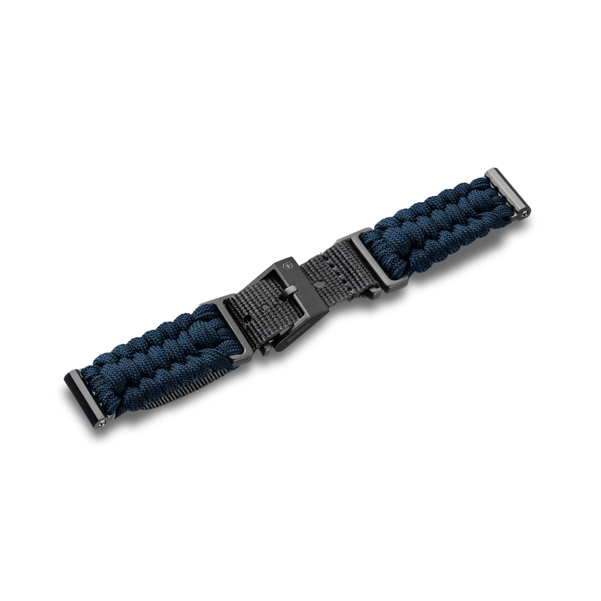 Victorinox Handwoven V.60088 16mm blue paracord watch strap flat laid connected with black pin buckle and fabric adjustment band