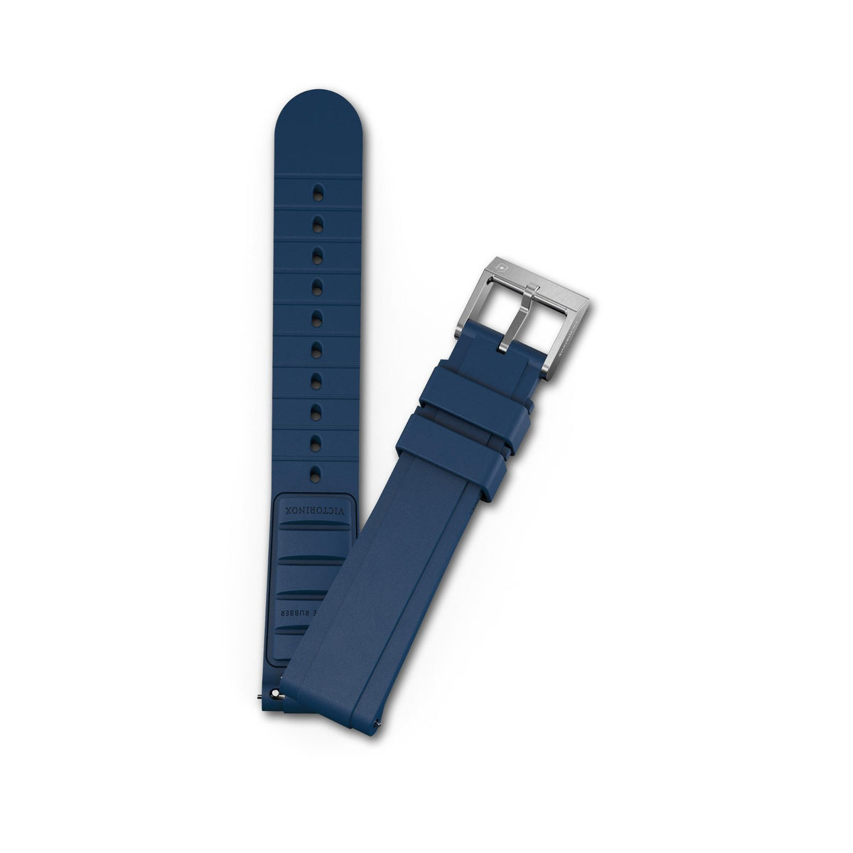 Victorinox Premium V.60108 21mm replacement watch strap, two-piece layout featuring smooth blue rubber finish and brushed metal buckle