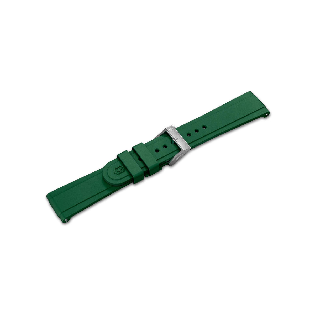 Victorinox Premium V.60109 green 21mm rubber watch strap shown fastened with steel pin buckle and dual keepers
