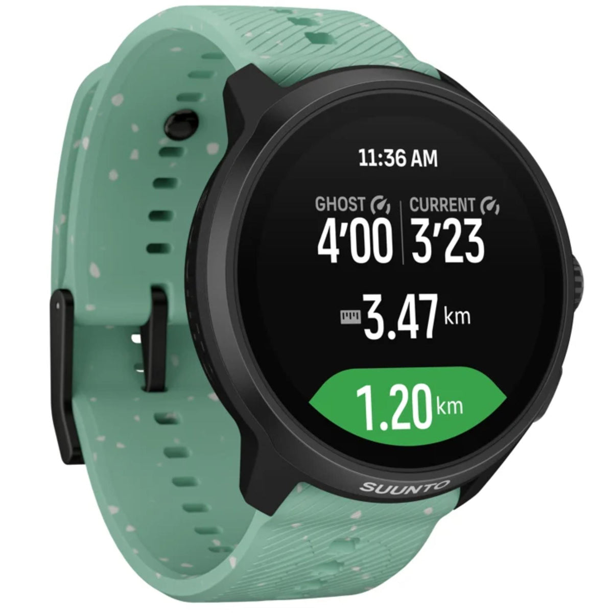 Suunto Run 2 SS051641000 angled view featuring ghost pace workout screen and aloe green silicone strap