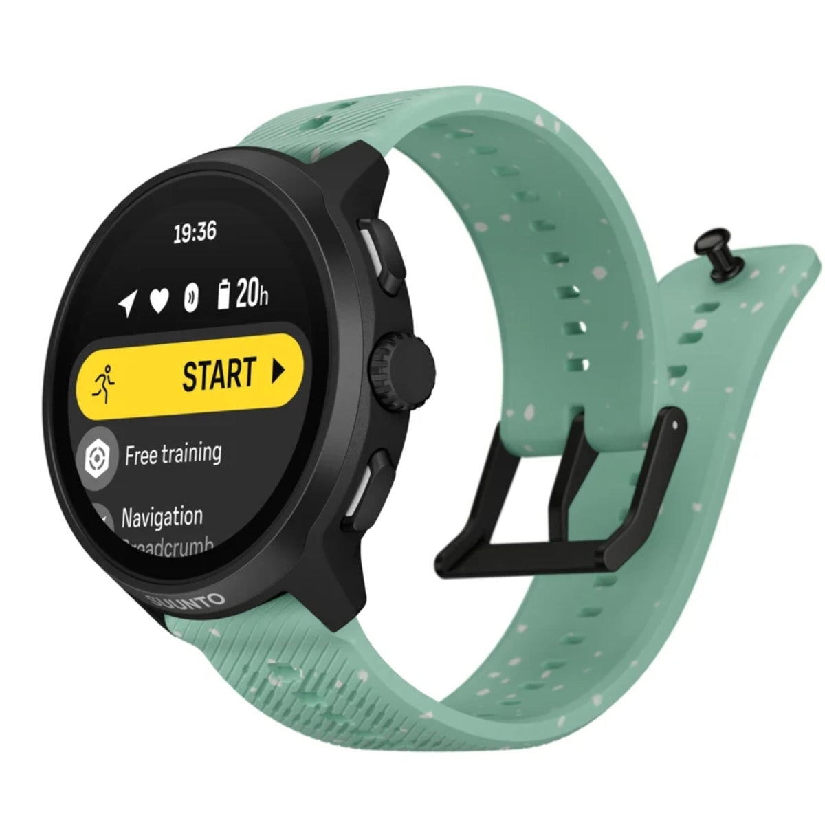 Suunto Run 2 SS051641000 side perspective showing main menu interface, control pushers, and black buckle