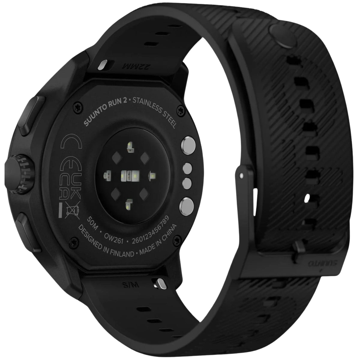 Suunto Run 2 SS051723000 back case view displaying optical heart rate sensors and charging pins
