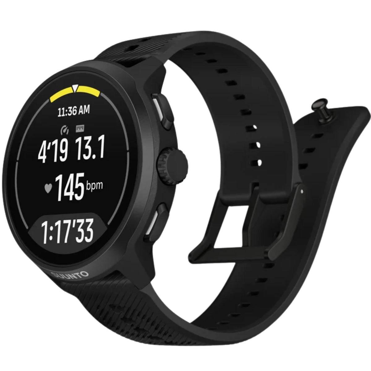 Suunto Run 2 SS051723000 angled perspective featuring open silicone strap and pin buckle