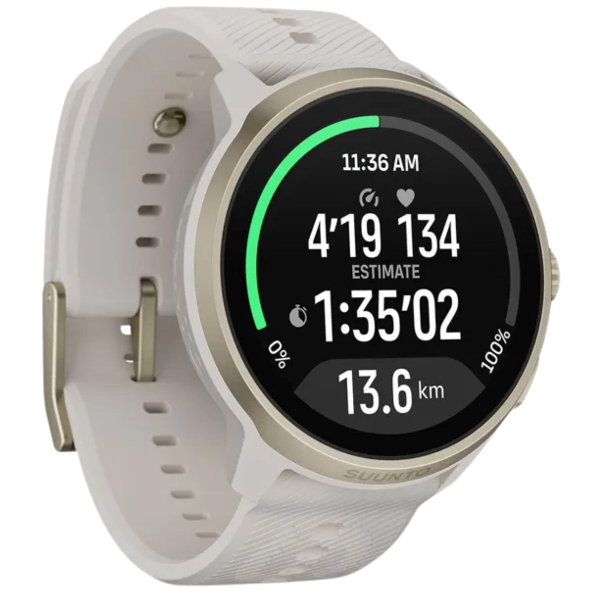 Suunto Run 2 SS051724000 side perspective showing feather gold silicone strap, digital crown, and activity tracking metrics