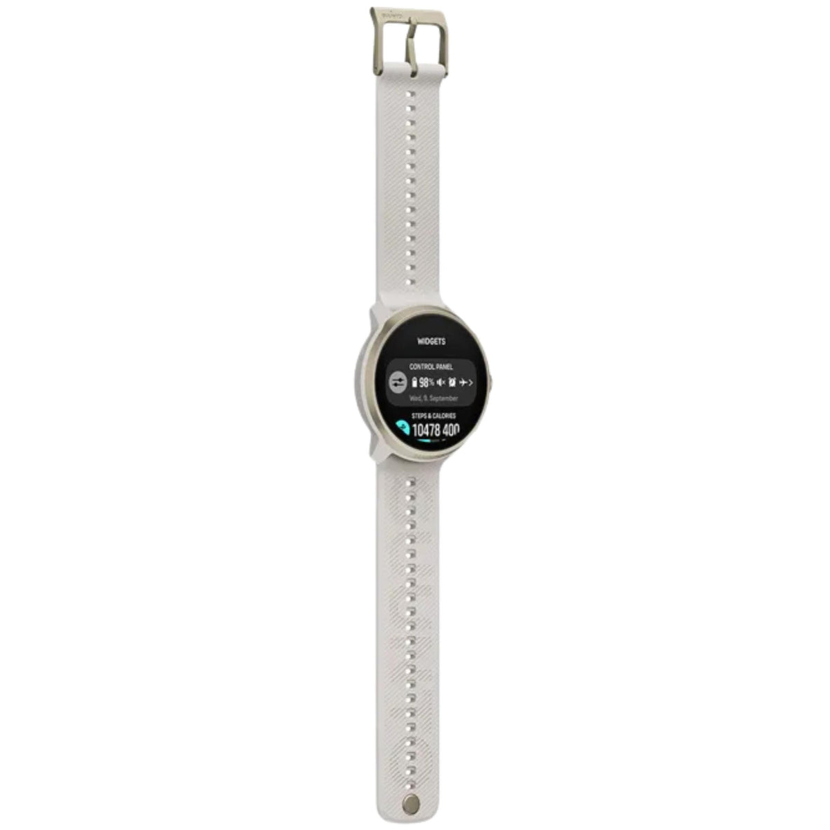 Suunto Run 2 SS051724000 front angled view showing full length profile with feather gold silicone strap