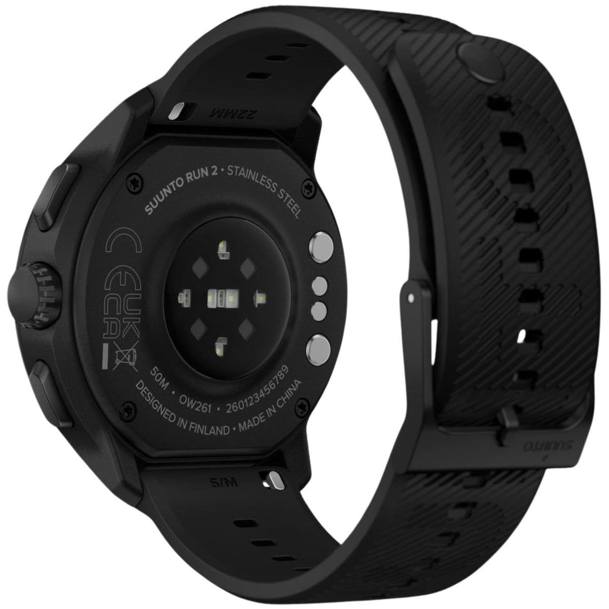Suunto Run SS051639000 back view showing optical heart rate sensor and black silicone strap