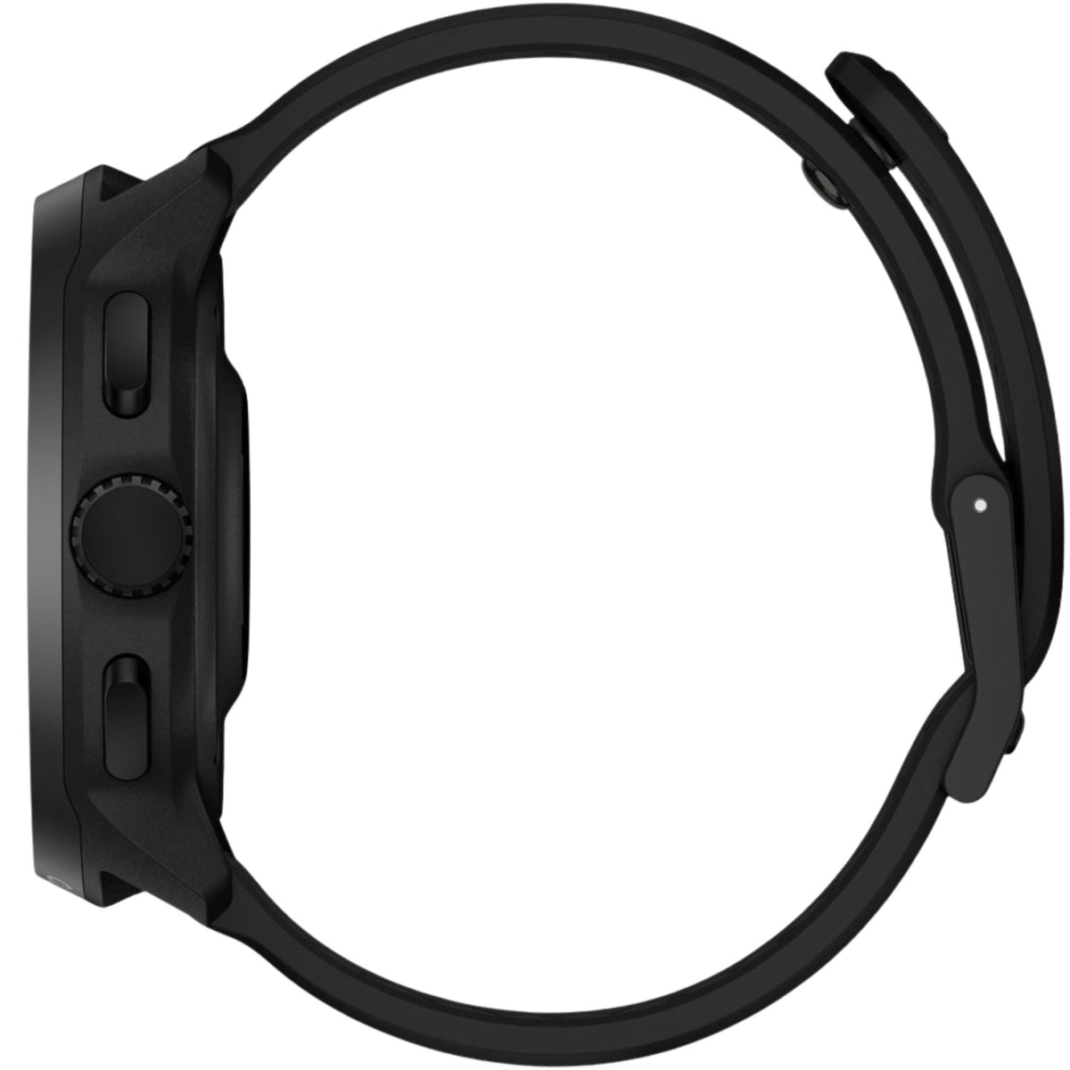 Suunto Run SS051639000 side perspective showing crown, pushers, and black silicone strap layout