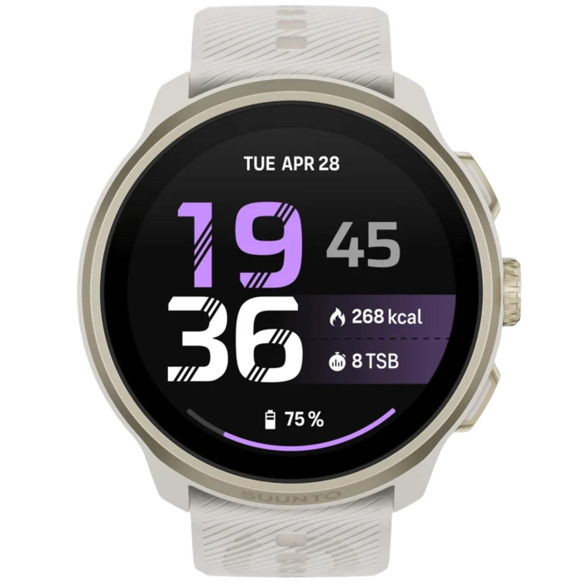 Suunto Run 2 SS051640000 direct front view showing digital time face and feather gold silicone strap