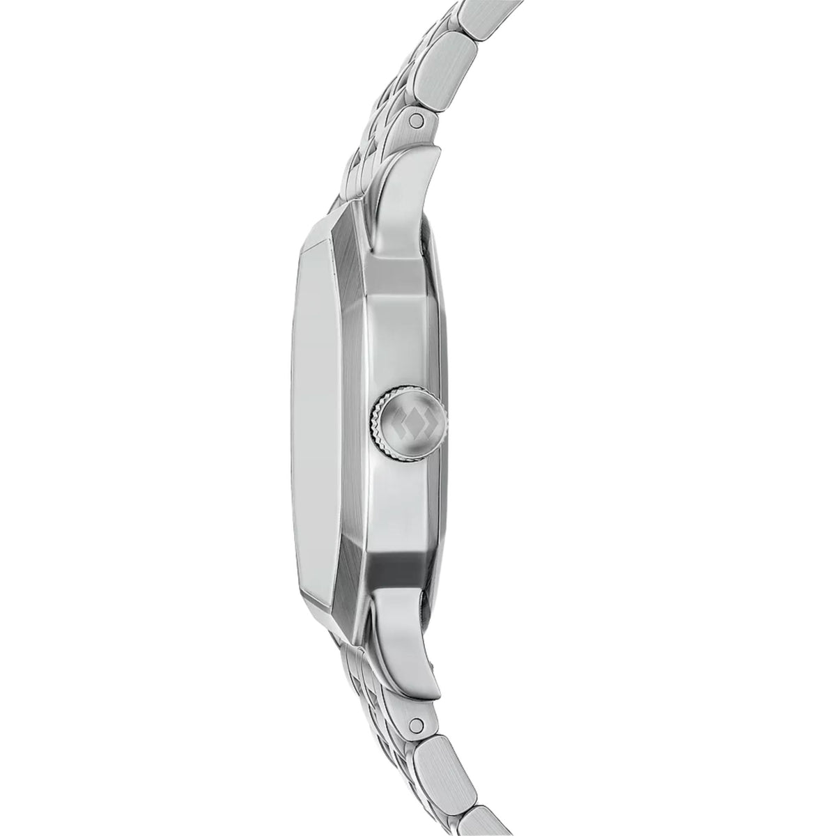 Side profile of the Fossil Harlow FS6211 wrist watch showing the stainless steel case construction and textured crown