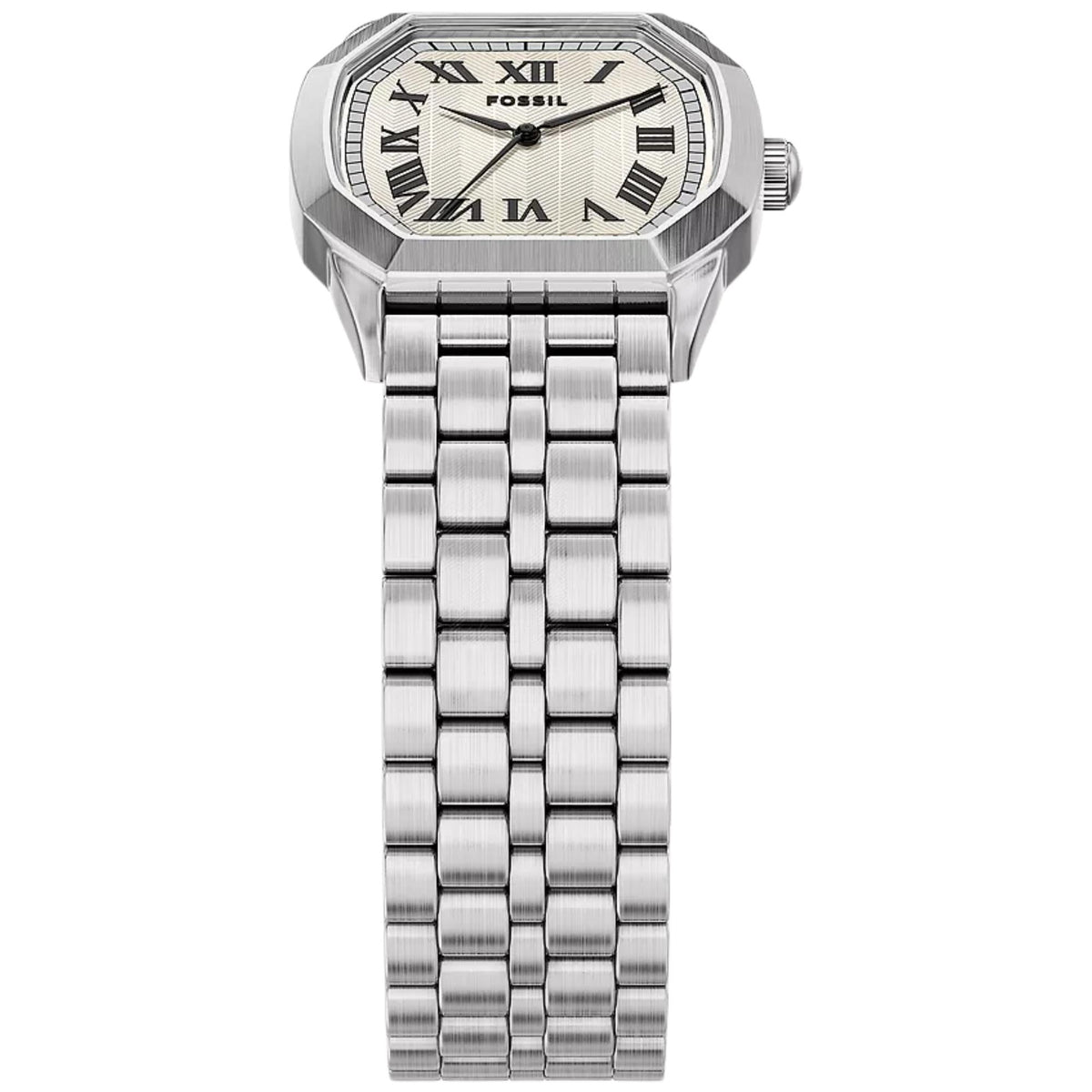 Top-down view of the Fossil Harlow FS6211 mens watch highlighting the cream dial and multi-link steel strap
