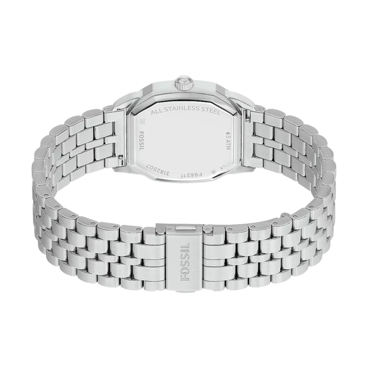 Caseback perspective of the Fossil Harlow FS6211 timepiece displaying the engraved stainless steel backplate and clasp