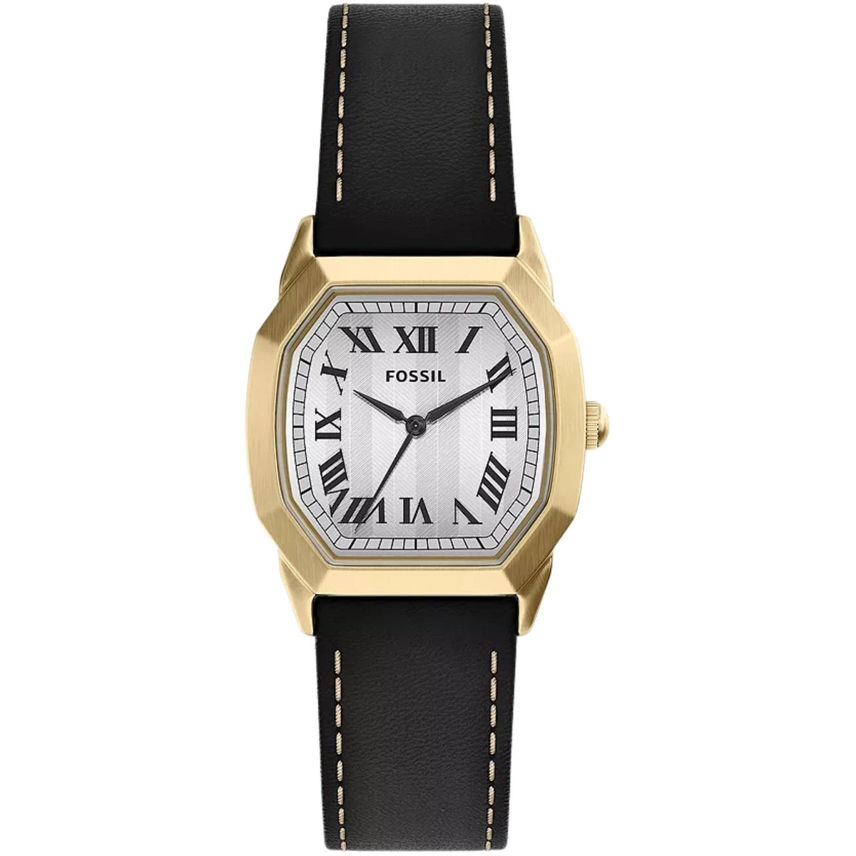 Front view of the Fossil Harlow FS6215 mens watch featuring a cream dial, gold-tone cushion case, and stitched black leather strap