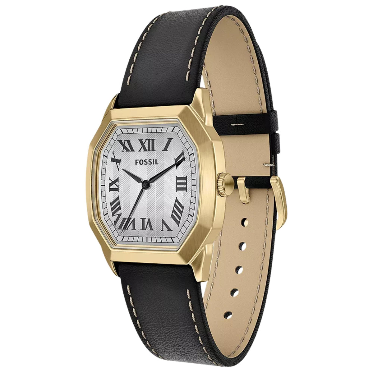 Three-quarter perspective of the Fossil Harlow FS6215 watch displaying the cream dial, gold-tone bezel, and pin buckle leather strap