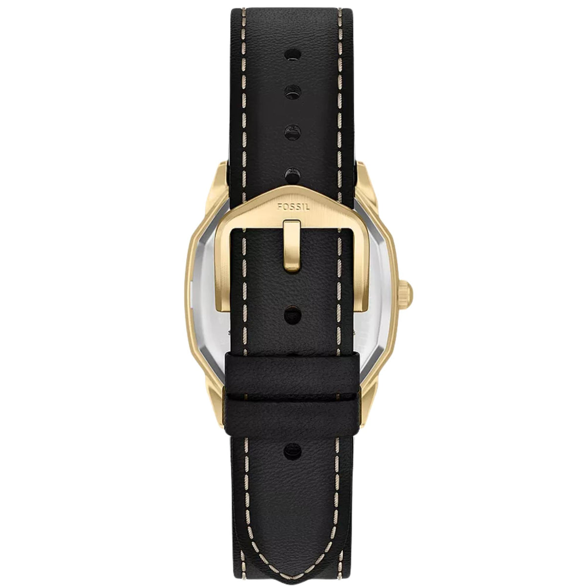 Back view of the Fossil Harlow FS6215 mens watch showing the black leather strap with stitched detailing and gold-tone pin buckle