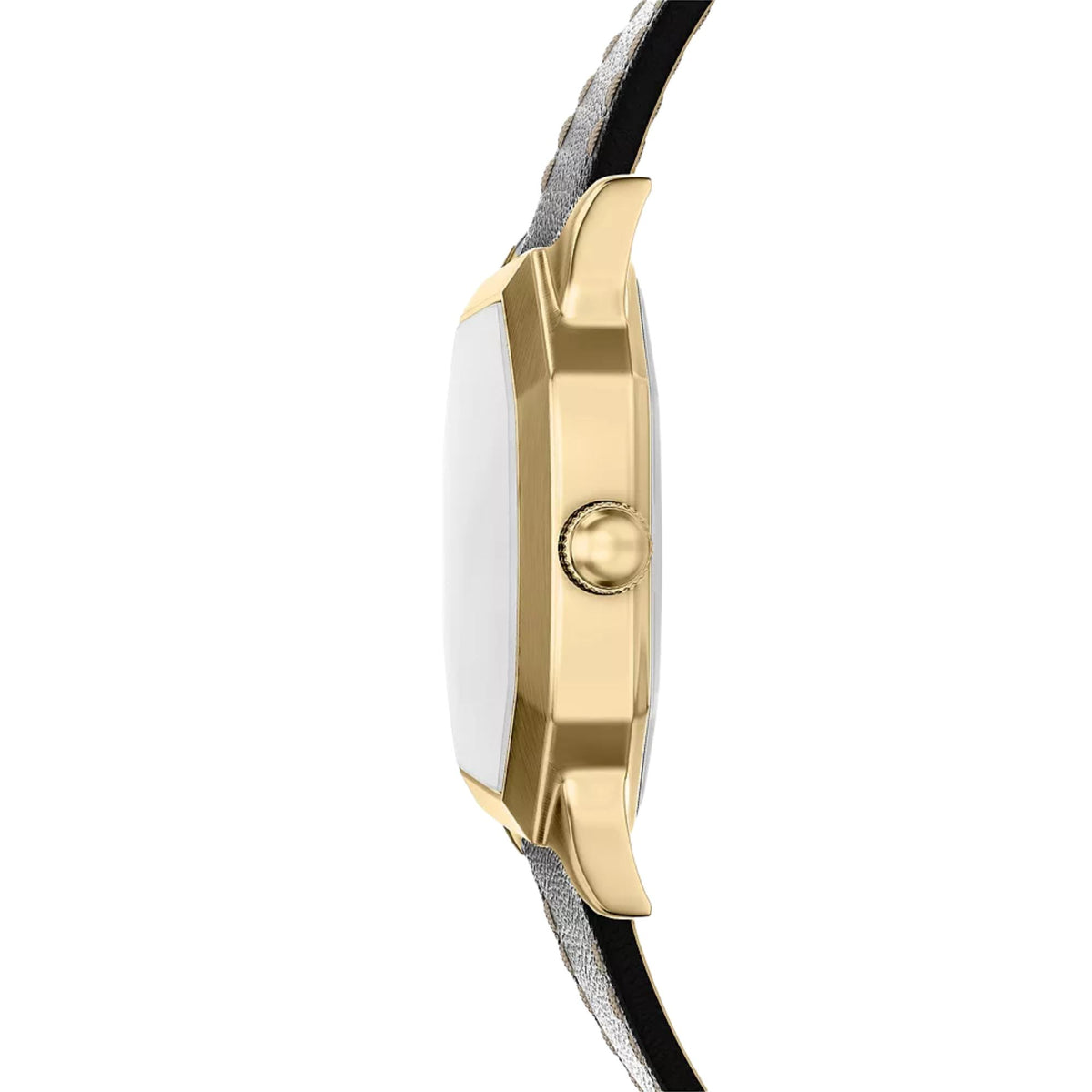 Side profile of the Fossil Harlow FS6215 wrist watch highlighting the gold-plated case design and fluted crown