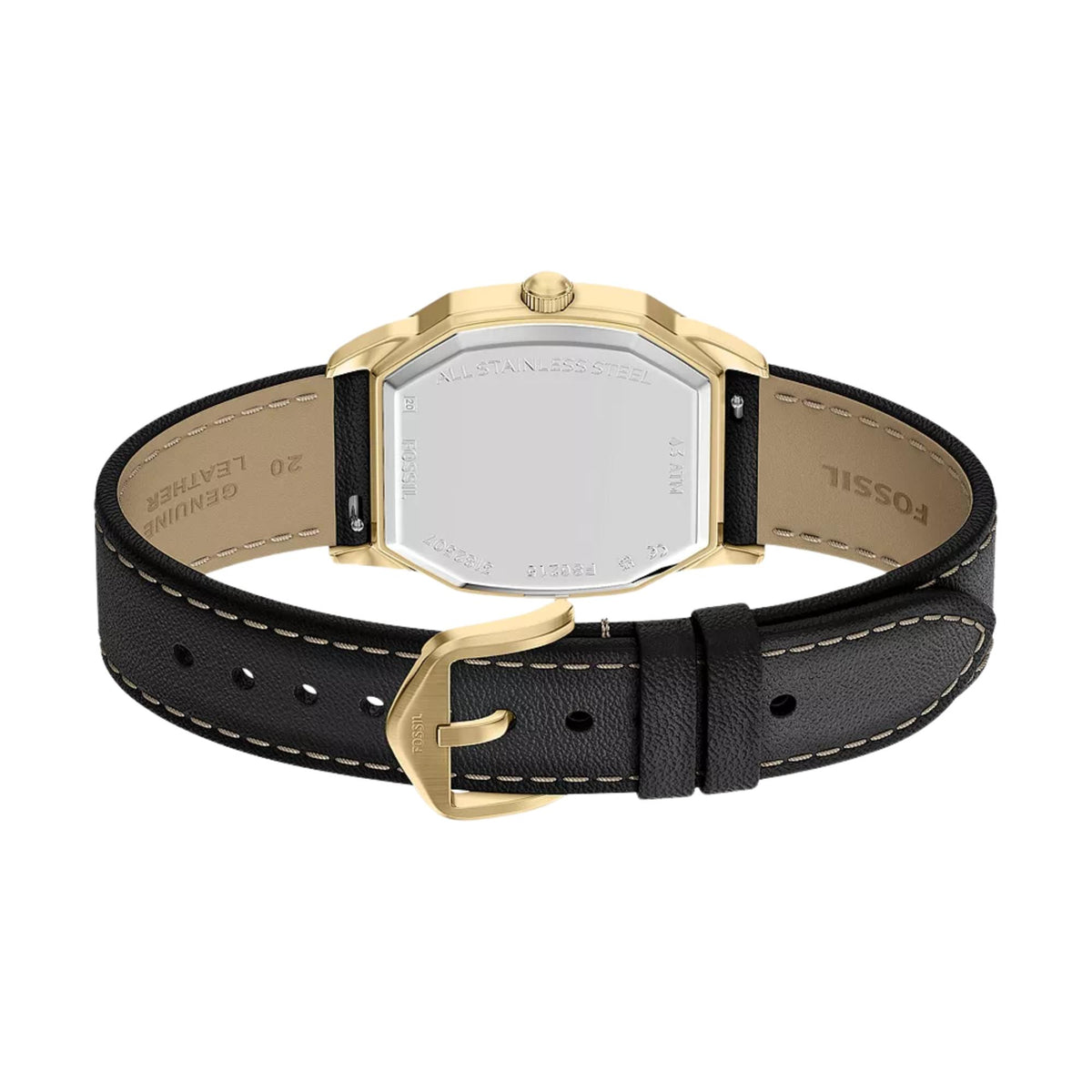 Rear view of the Fossil Harlow FS6215 timepiece detailing the stainless steel backplate, gold-tone case, and leather strap interior
