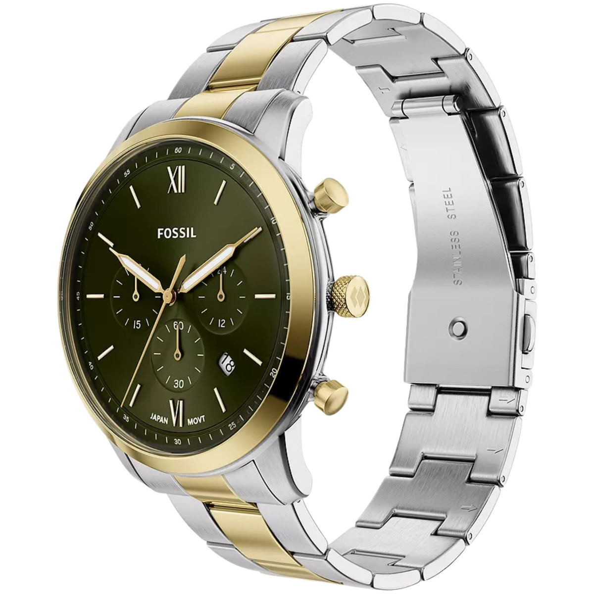 Three-quarter perspective of the Fossil Neutra FS6189 watch showcasing the green sub-dials, gold pushers, and metal link strap