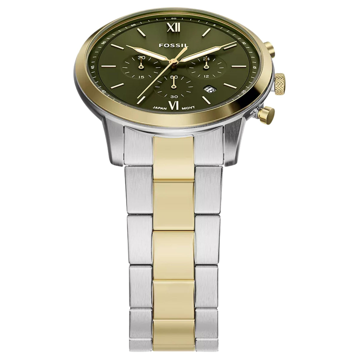 Top-angled view of the Fossil Neutra FS6189 watch displaying the green dial with gold accents and two-tone steel bracelet