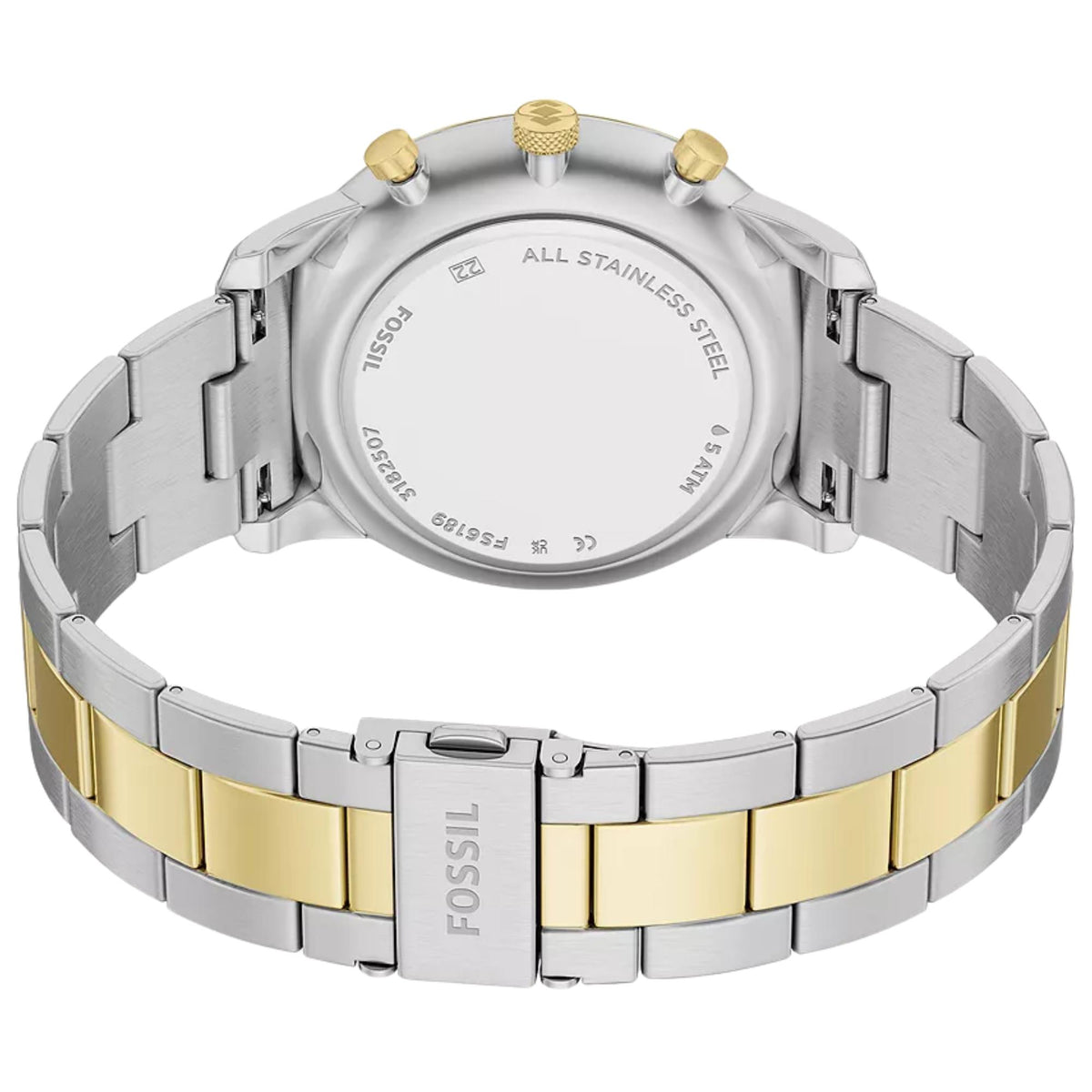 Caseback perspective of the Fossil Neutra FS6189 timepiece showing the engraved backplate and fold-over deployment clasp