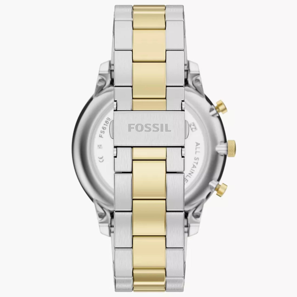 Rear view of the Fossil Neutra FS6189 mens watch showcasing the signed stainless steel clasp and two-tone link bracelet