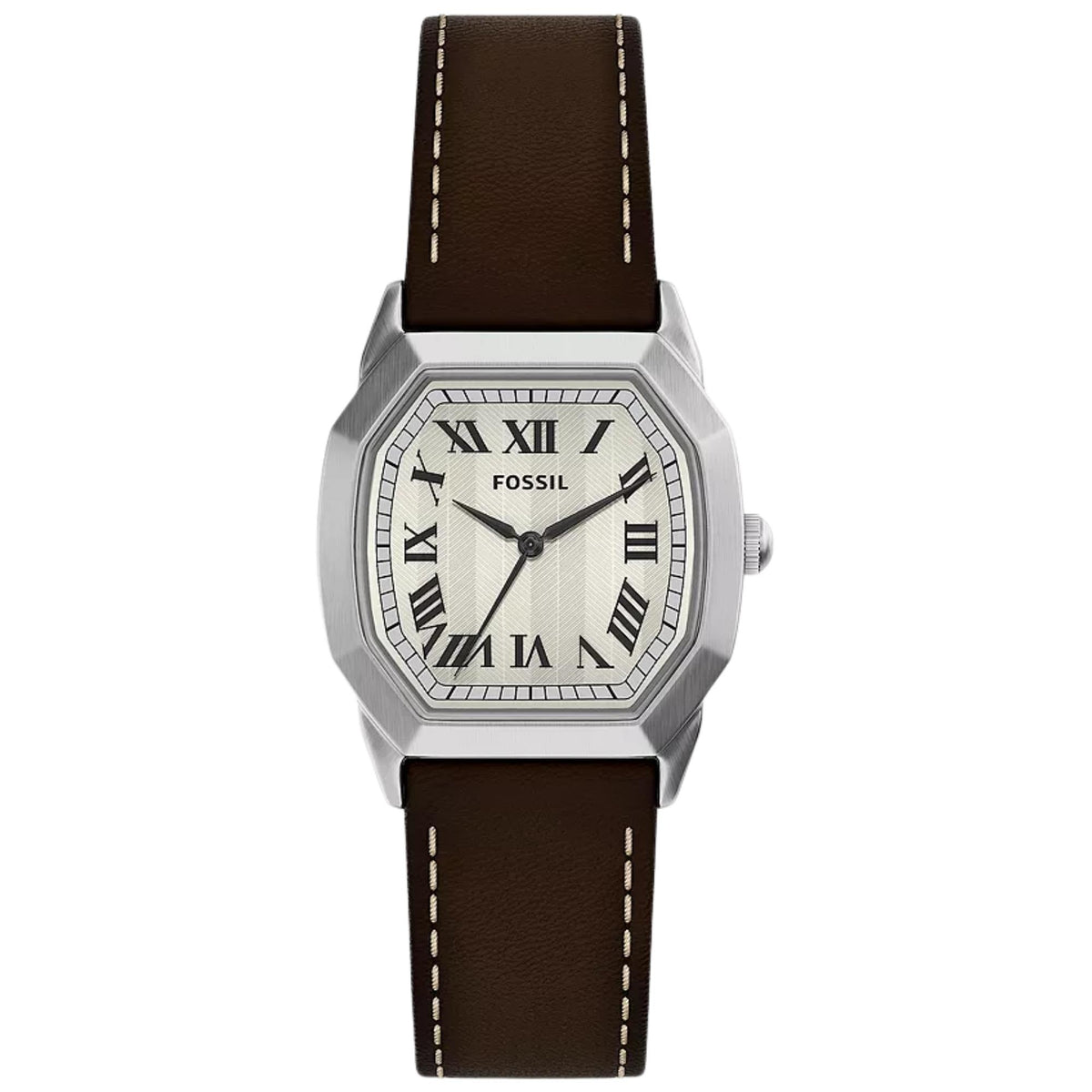 Front view of the Fossil Harlow FS6214 mens watch featuring a cream dial, silver-tone cushion case, and stitched brown leather strap