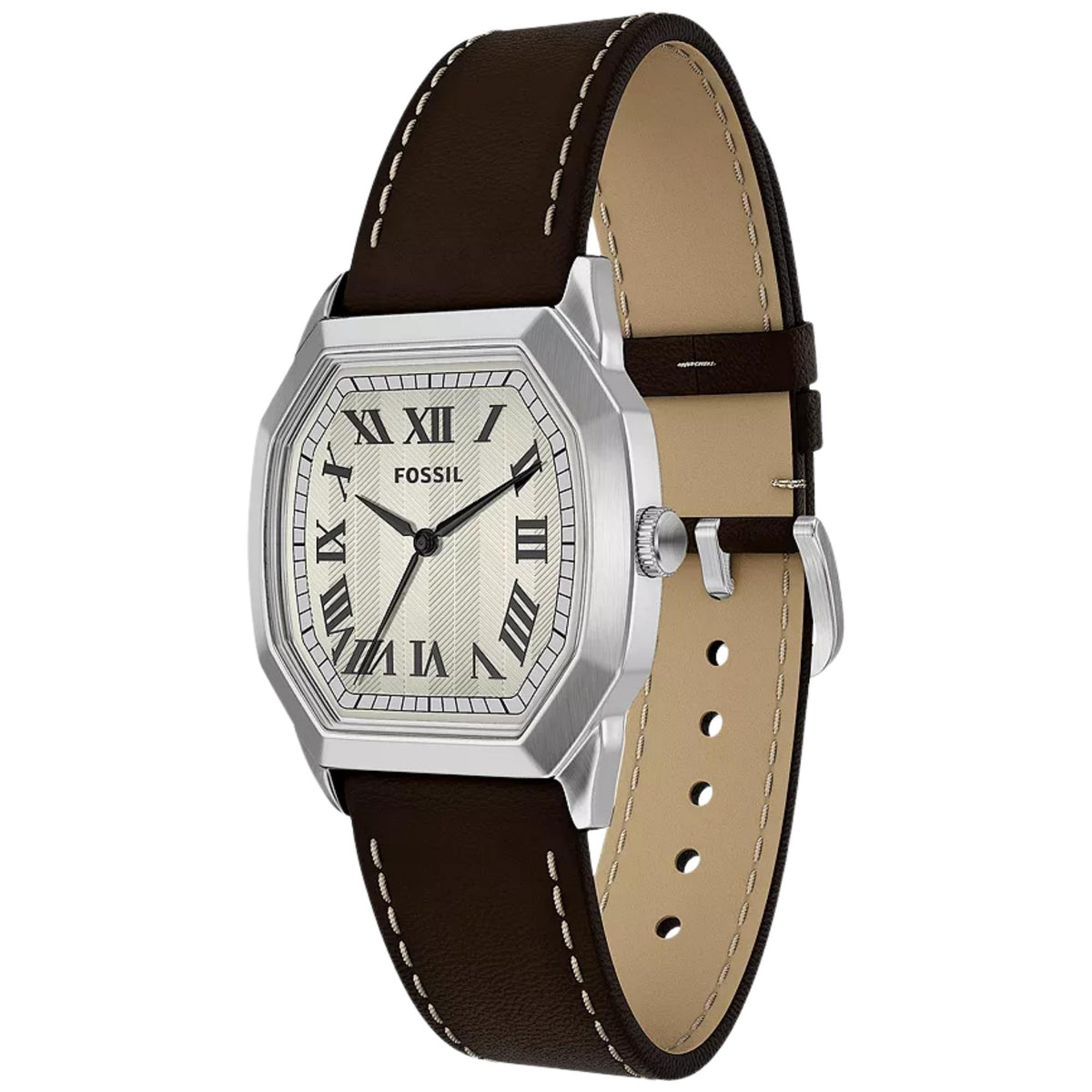 Three-quarter perspective of the Fossil Harlow FS6214 watch displaying the cream dial, silver-coloured bezel, and pin buckle leather strap
