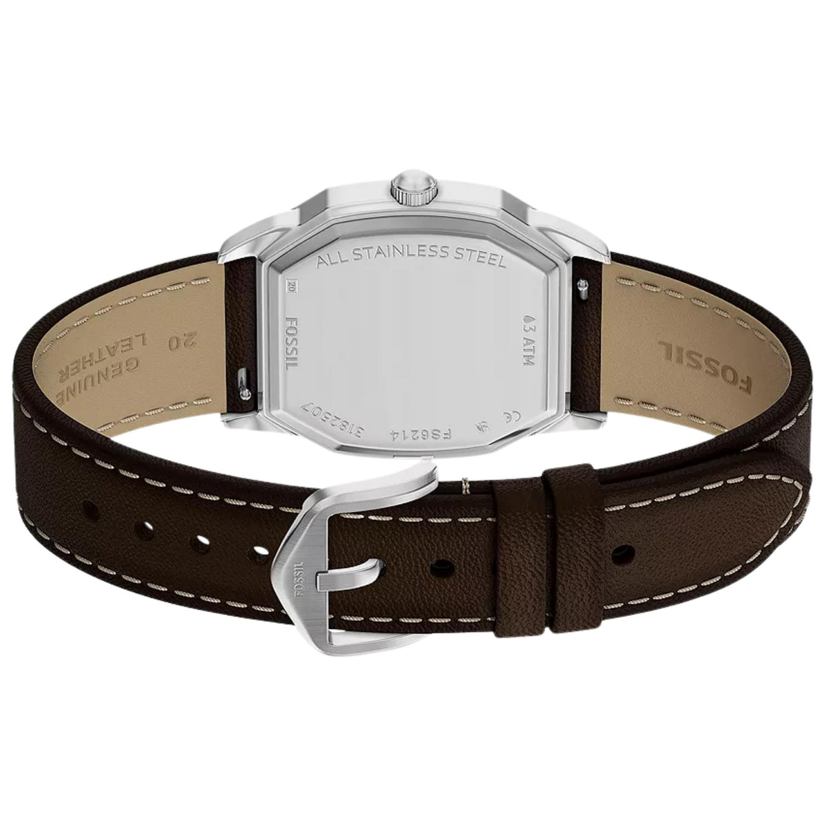 Caseback perspective of the Fossil Harlow FS6214 timepiece detailing the engraved stainless steel backplate and tan strap interior