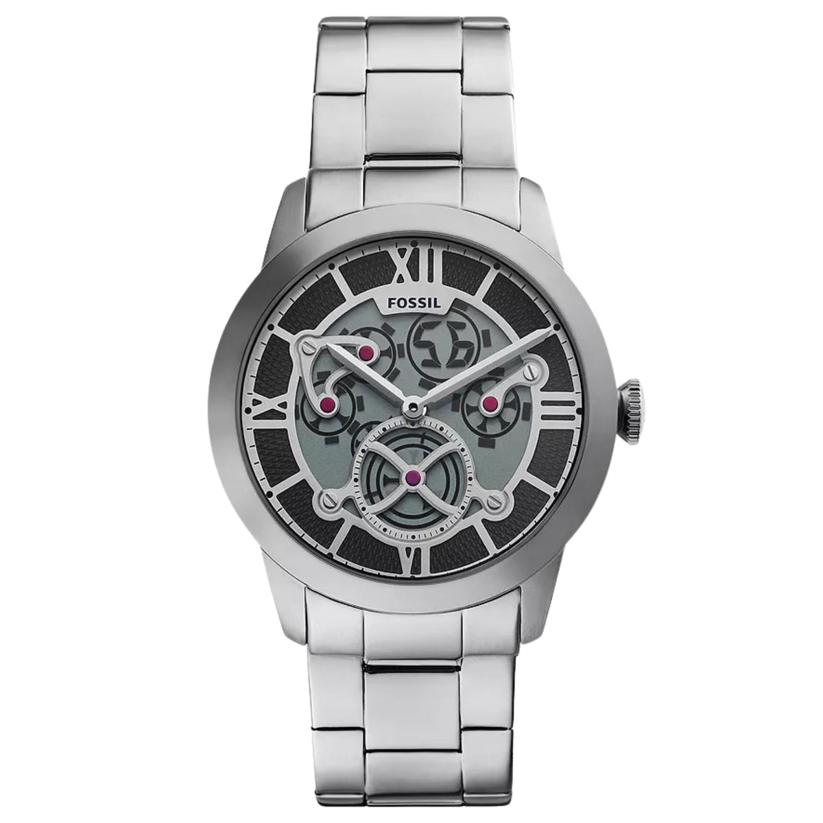 Front view of the Fossil Townsman Big Tic FS6192 mens watch featuring an ana-digi display, grey openwork dial, and steel bracelet