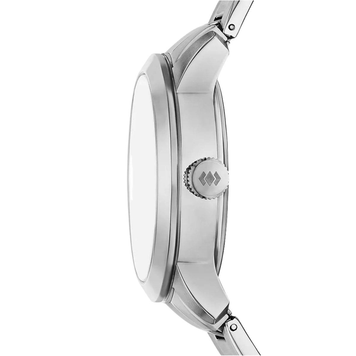 Side profile of the Fossil Townsman Big Tic FS6192 wrist watch detailing the polished steel case and branded crown