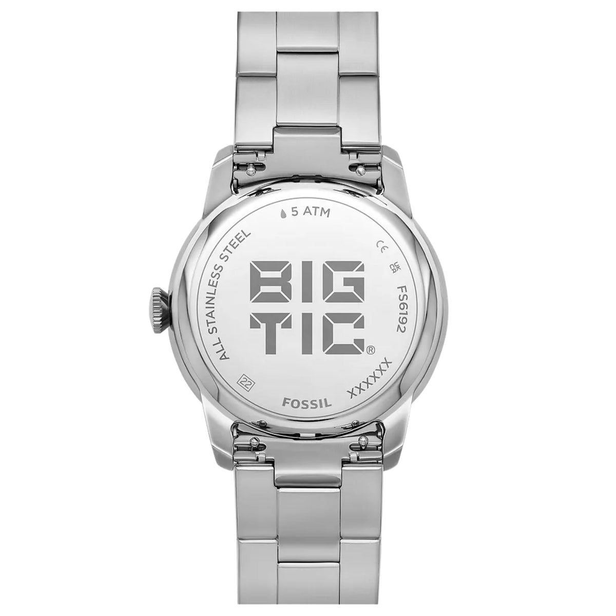 Caseback perspective of the Fossil Townsman Big Tic FS6192 timepiece showing the engraved Big Tic logo backplate and steel strap