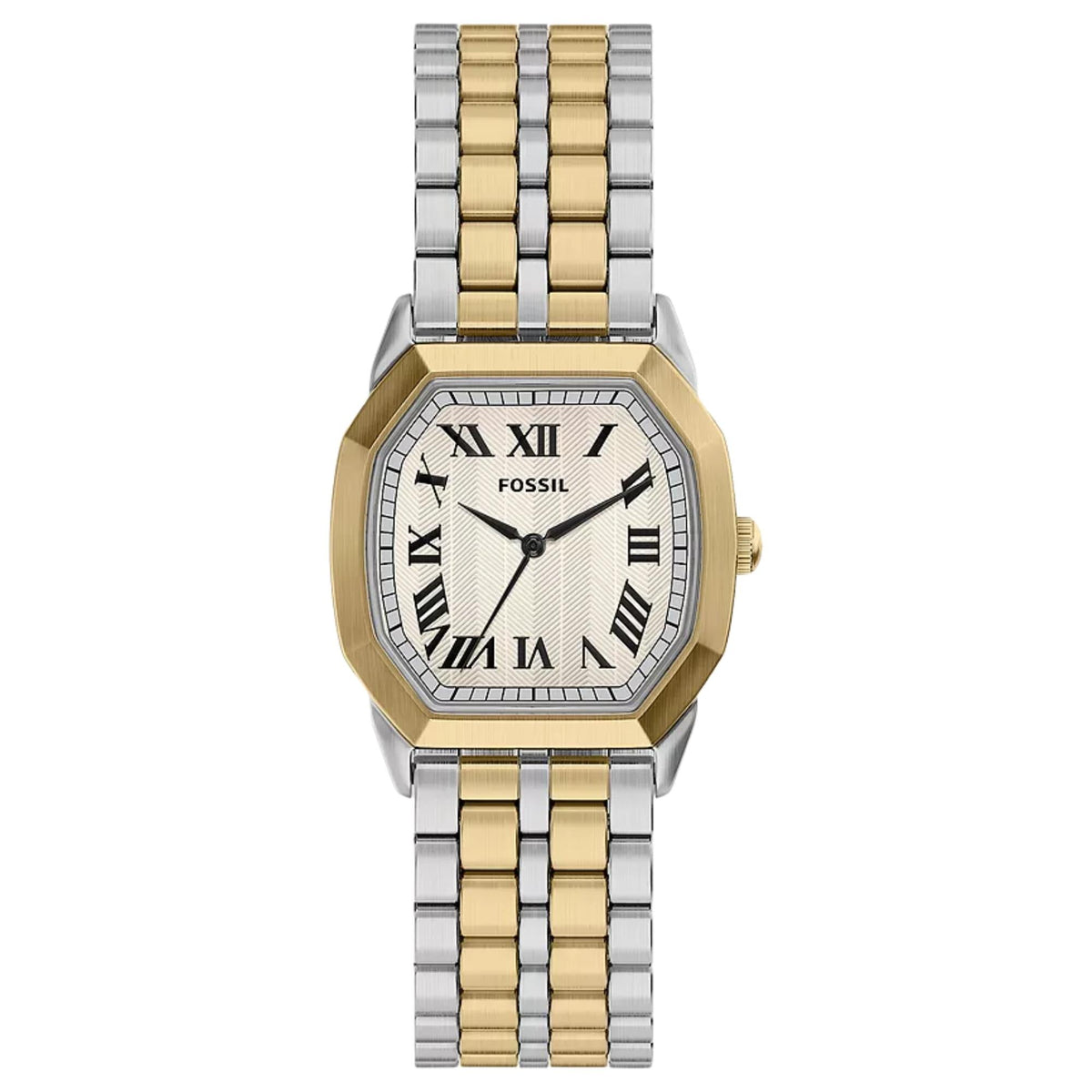 Front view of the Fossil Harlow FS6212 mens watch featuring a cream dial, gold-tone bezel, and two-tone steel bracelet
