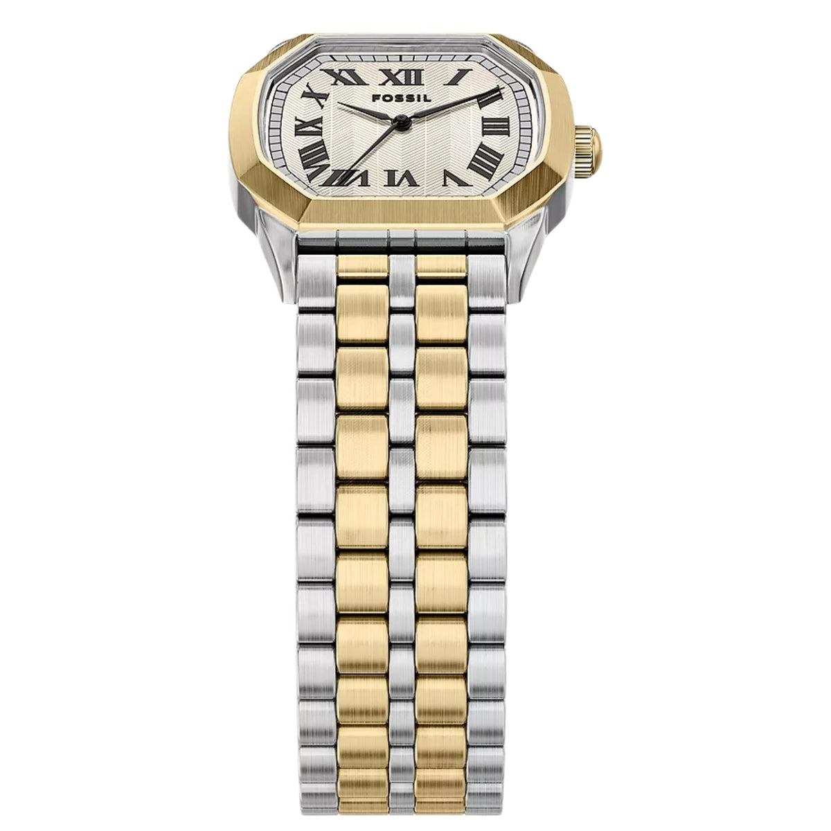 Top-angled view of the Fossil Harlow FS6212 watch showing the cushion-shaped case and two-tone steel band