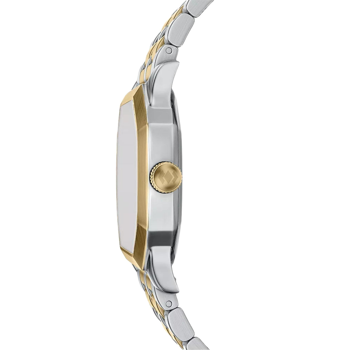 Side profile of the Fossil Harlow FS6212 wrist watch detailing the silver-tone case construction and gold-tone adjustment crown