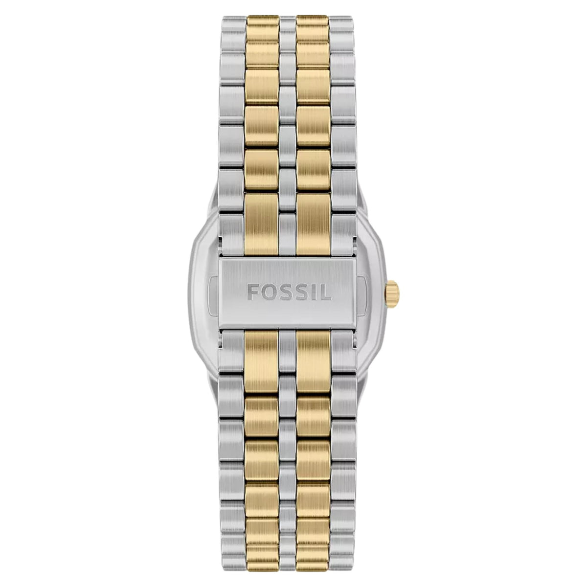 Rear view of the Fossil Harlow FS6212 mens watch showcasing the signed deployment clasp and two-tone metal bracelet