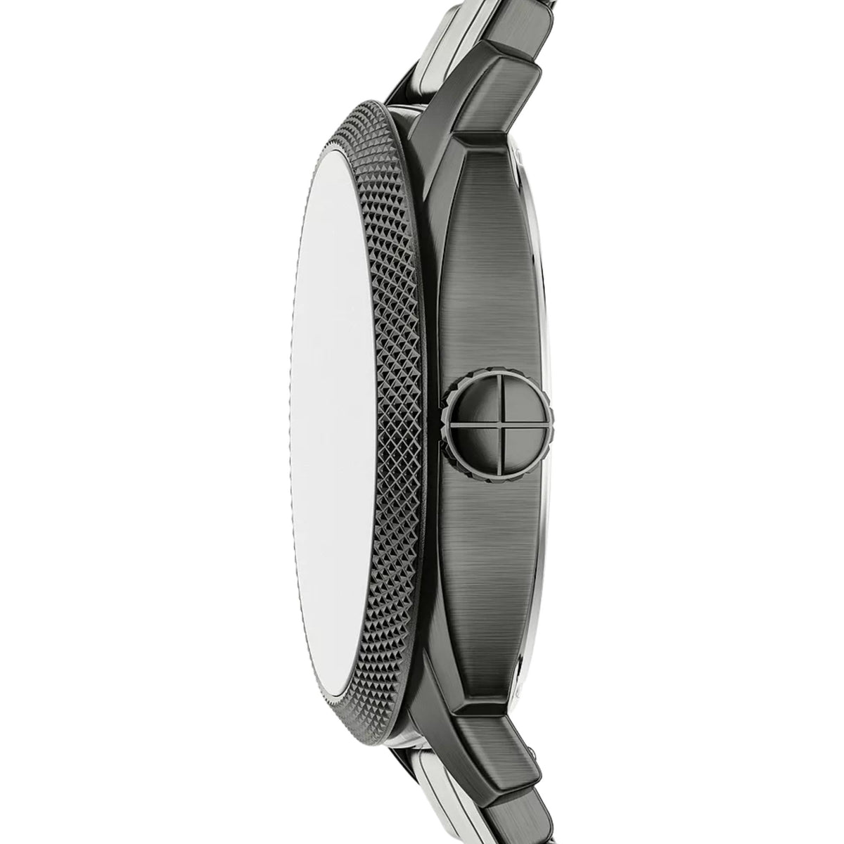 Side profile of the Fossil Machine FS6185 wrist watch detailing the dark grey case construction and textured crown