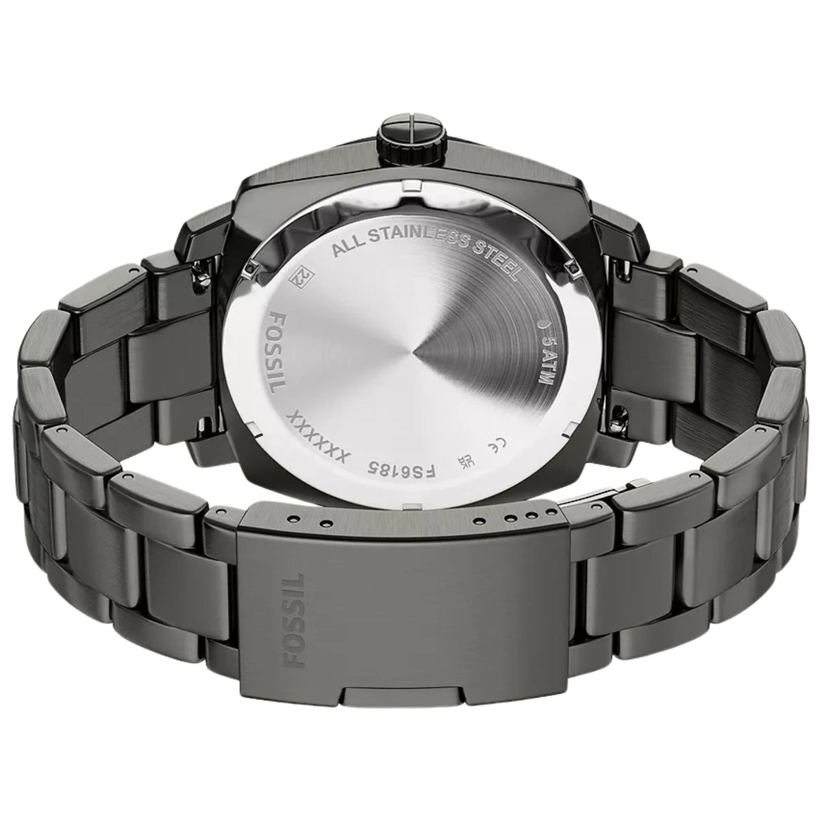 Caseback perspective of the Fossil Machine FS6185 timepiece showing the engraved stainless steel backplate and dark grey metal bracelet