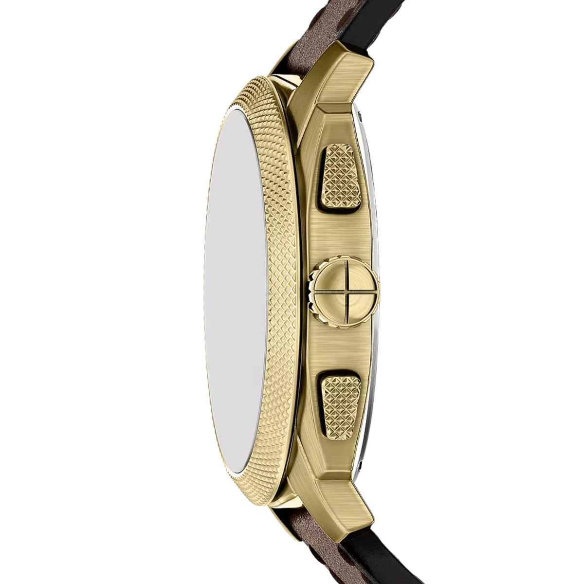 Fossil Machine FS6188 timepiece side profile showing gold tone case and textured crown