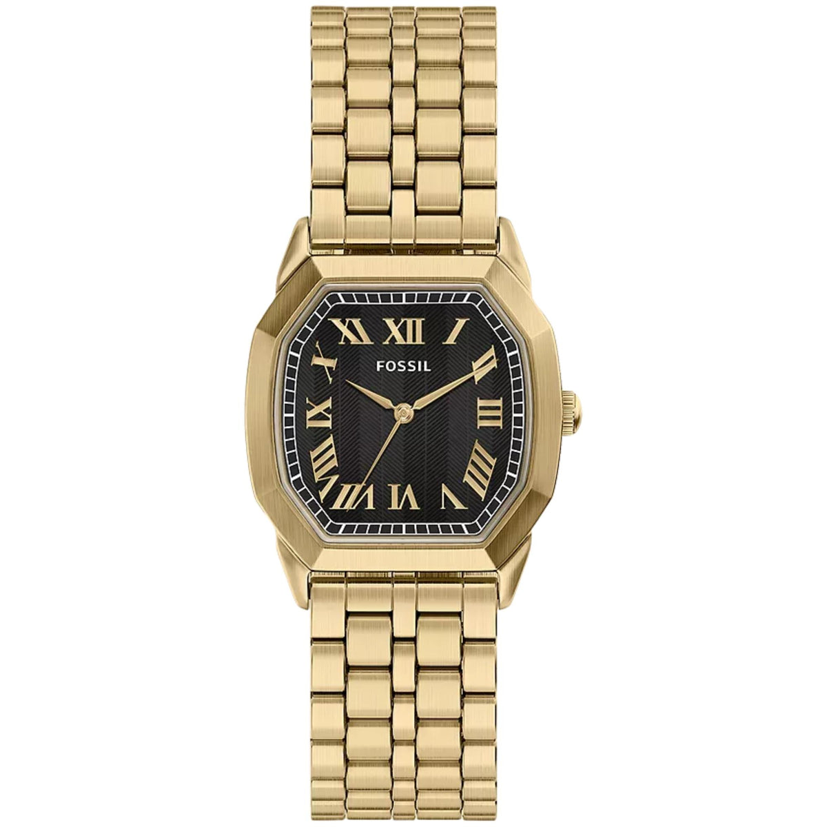 Fossil Harlow FS6213 mens quartz watch front view with black dial, Roman numerals, and gold-tone steel bracelet