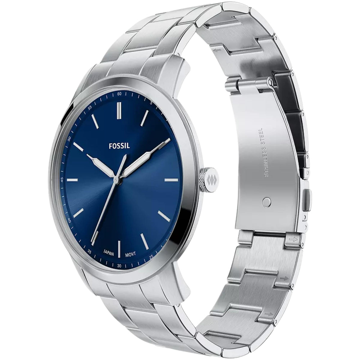 Fossil Minimalist FS6180 steel mens quartz watch angled perspective showing blue dial and open bracelet clasp