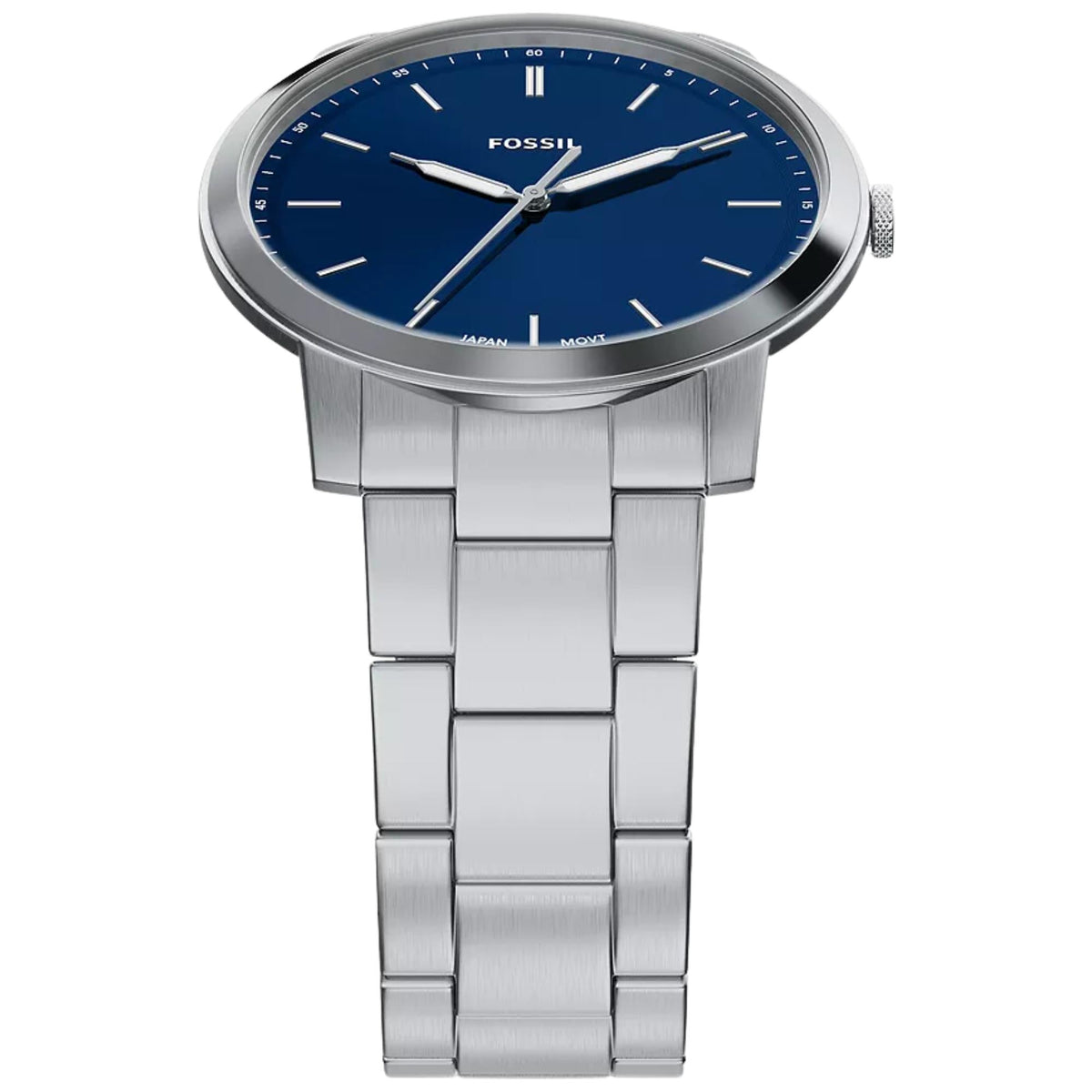 Fossil Minimalist FS6180 quartz watch top angled view displaying blue dial, slim bezel, and steel links